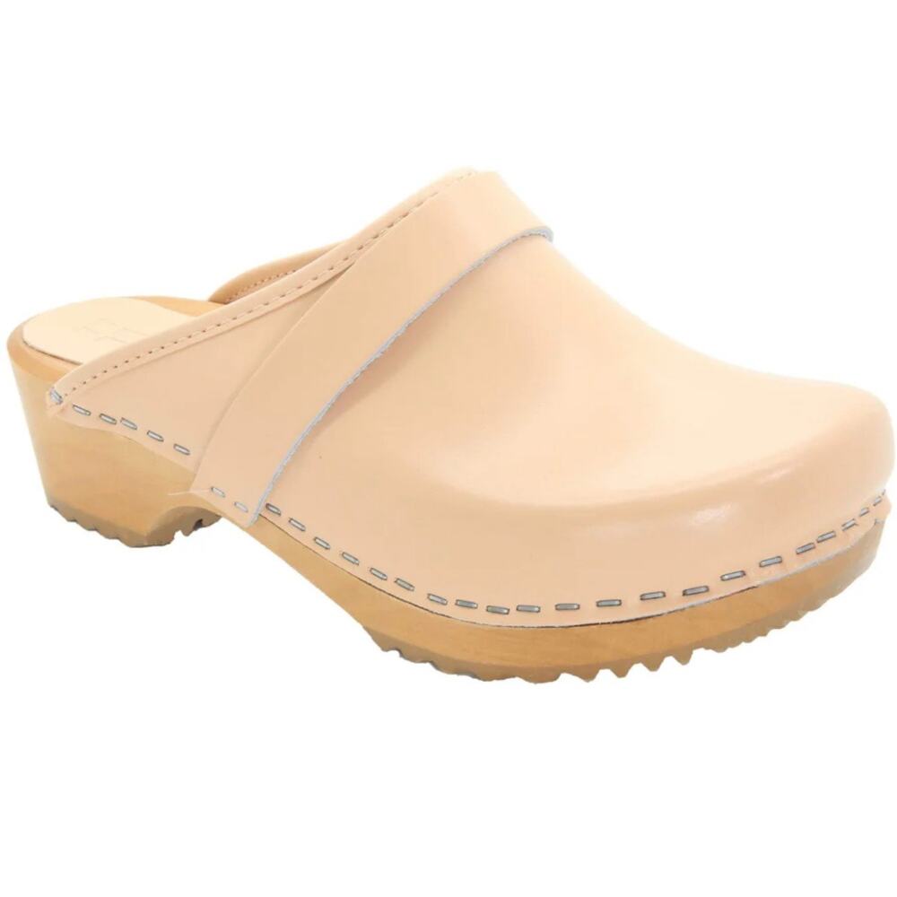 BJORK BJÖRK | Maja Wood Open‎ Back Clogs Almond Nude Beige Leather | Size 40